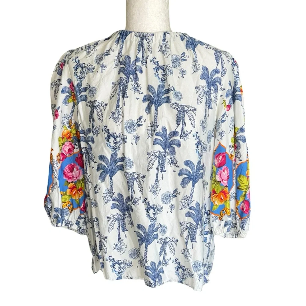 Emily Lovelock Blue Palm Tree Floral Print Puff Sleeve Top - L - Picture 2 of 11